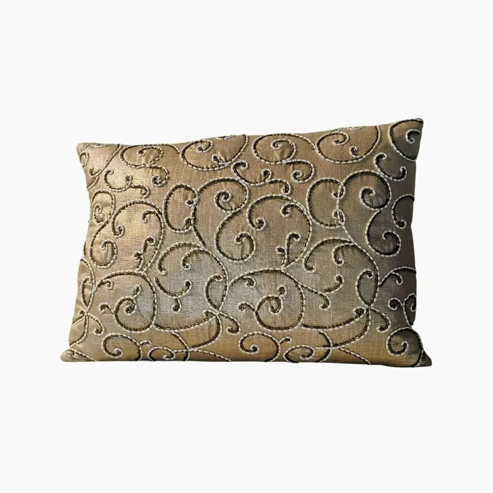 Gold Beaded Decorative Lumbar Pillow, Duck Feather Insert 18x12 Elegant LIKE NEW